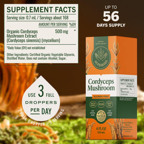 Flacon de teinture de champignon Cordyceps HERBAMAMA sur une surface en bois