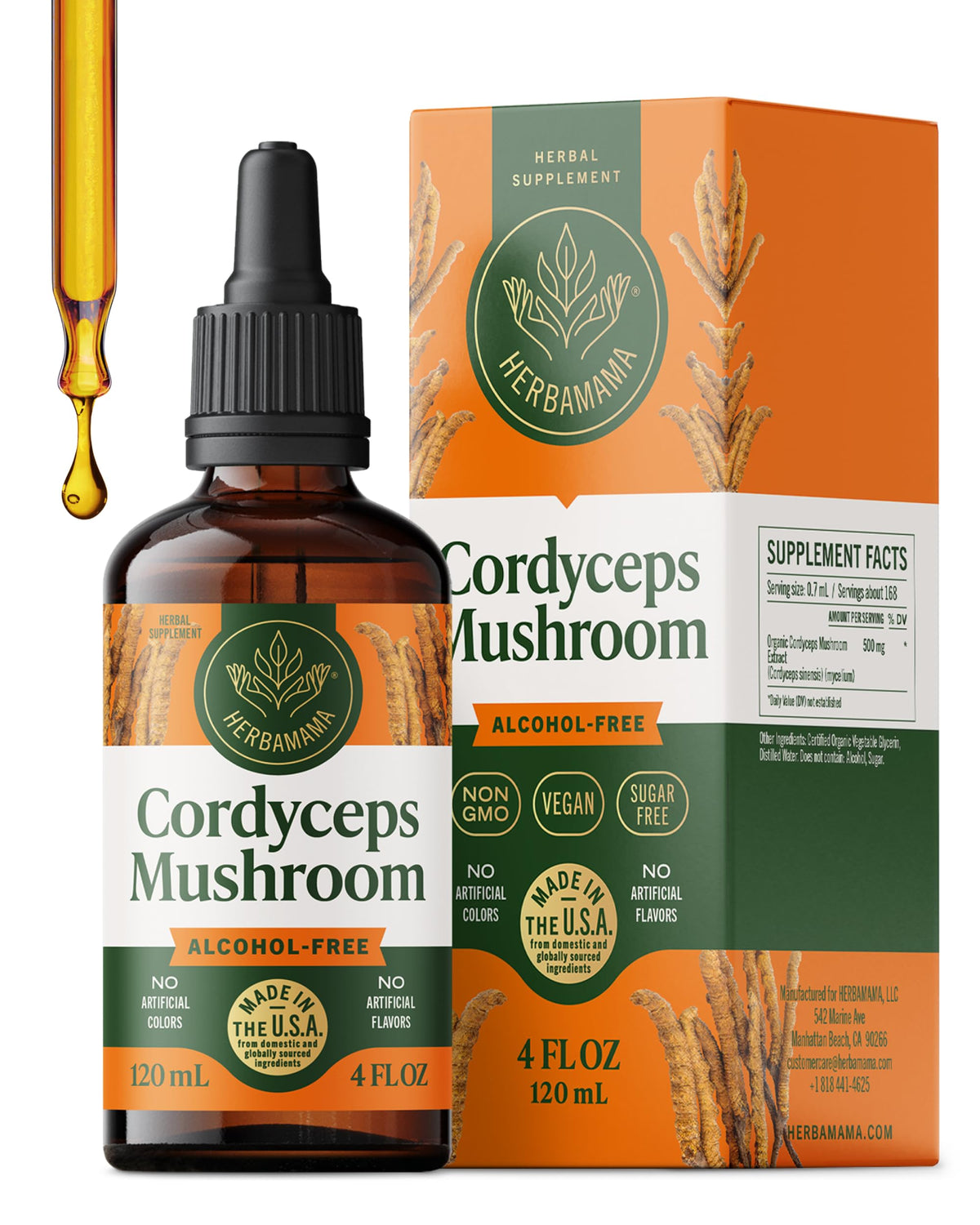 Flacon de teinture de champignon Cordyceps HERBAMAMA vue de face