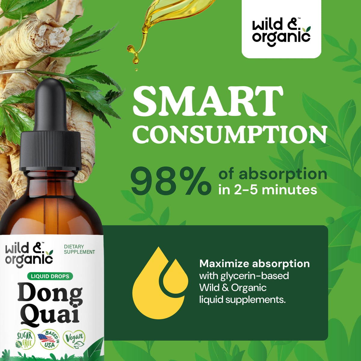 Flacon de teinture de Dong Quai Wild & Organic sur fond blanc