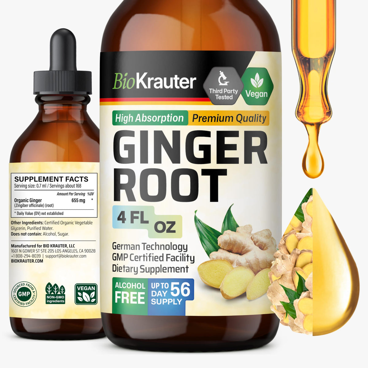 Flacon de teinture de gingembre BIO KRAUTER 4 fl oz avec étiquette