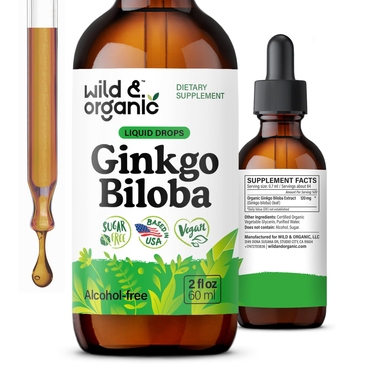 Flacon de teinture de Ginkgo Biloba Wild & Organic 120 mg, vue avant