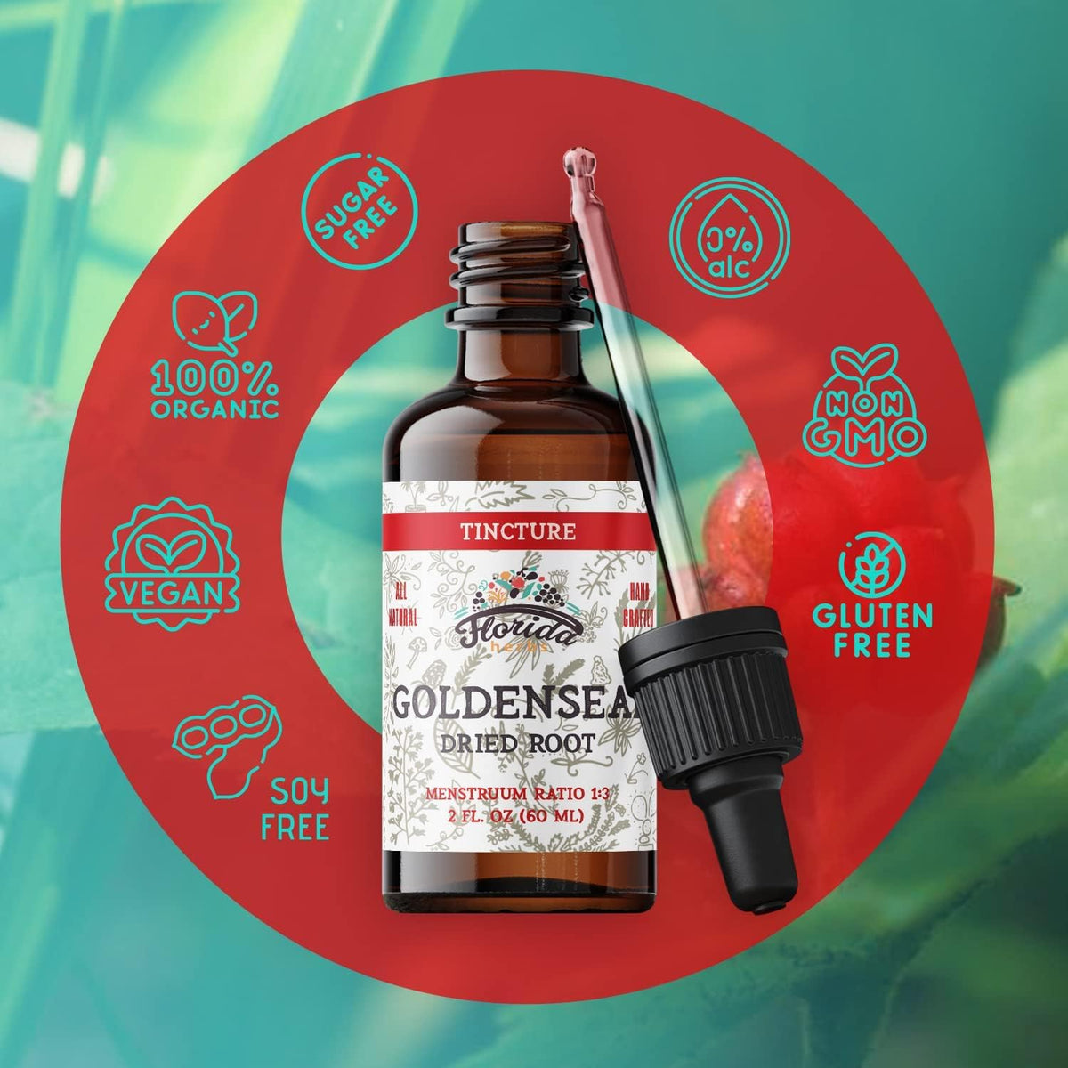 Flacon de teinture de Goldenseal avec une plante en arrière-plan