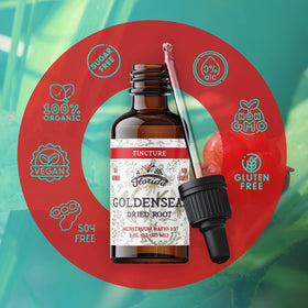 Flacon de teinture de Goldenseal avec une plante en arrière-plan