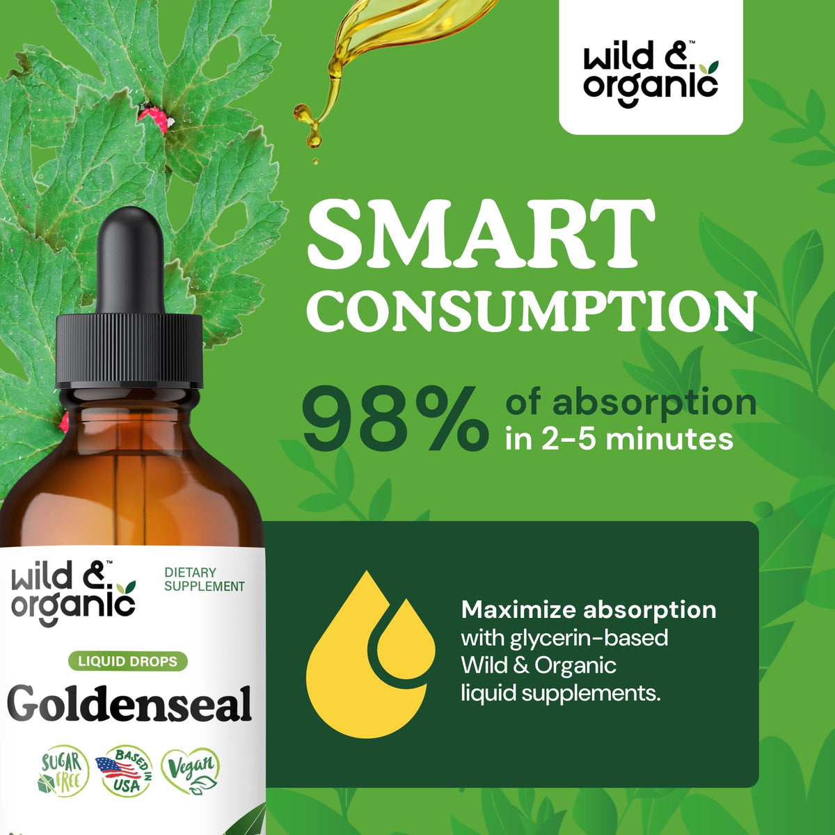 Flacon de teinture de Goldenseal Wild & Organic 500 mg, avec goutte à goutte