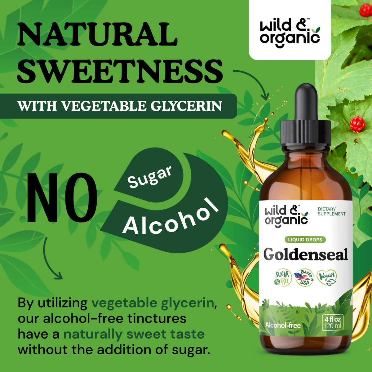 Flacon de teinture de Goldenseal Wild & Organic 500 mg, avec une cuillère doseuse