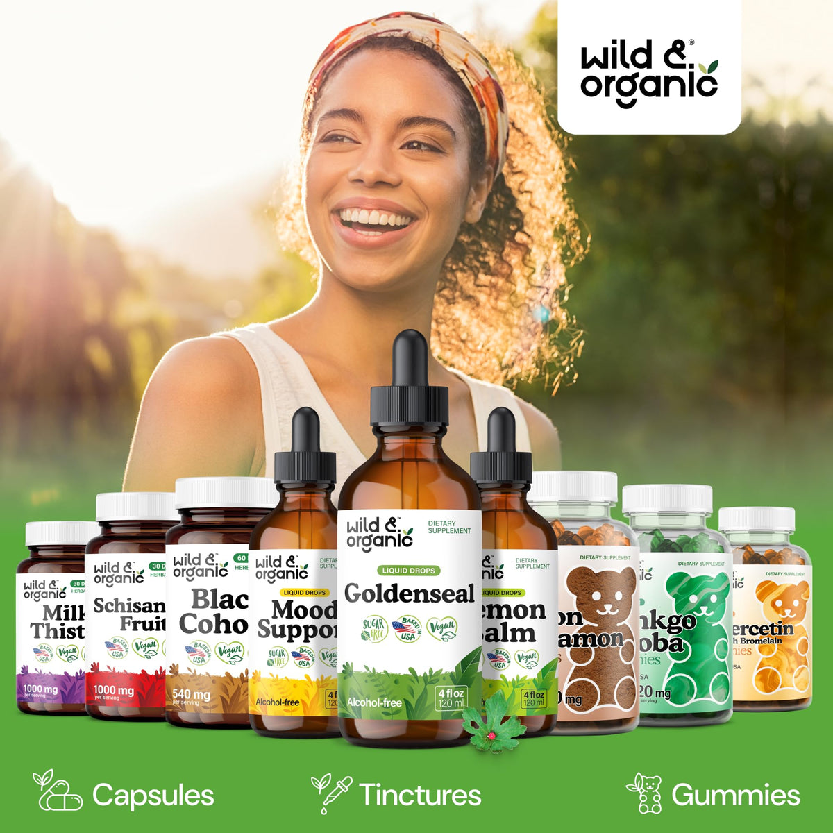 Flacon de teinture de Goldenseal Wild & Organic 500 mg, en situation sur une table