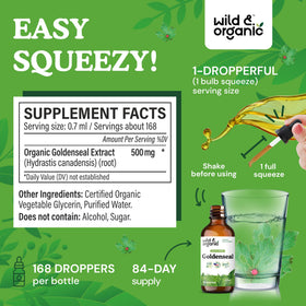 Flacon de teinture de Goldenseal Wild & Organic 500 mg, étiquette détaillée