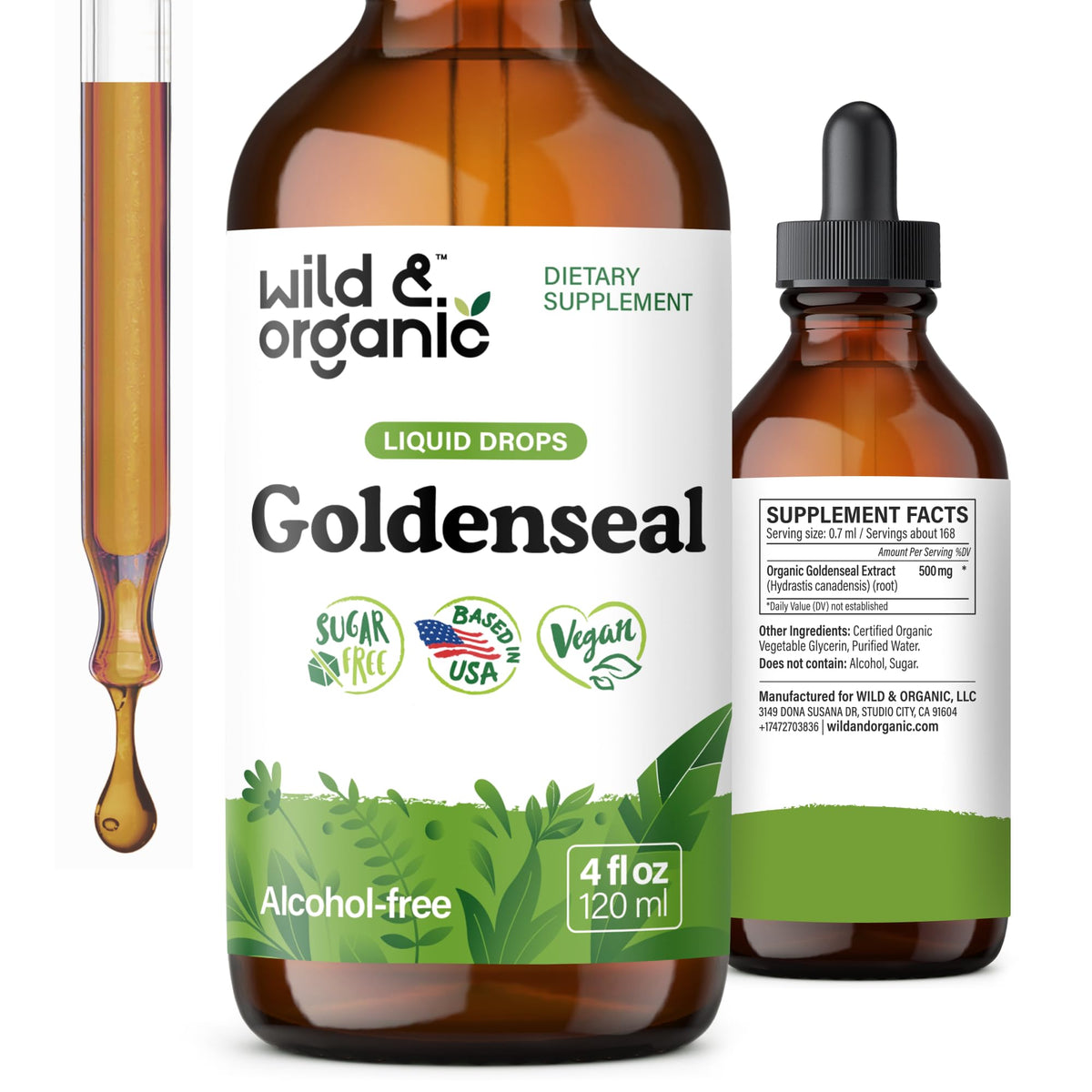 Flacon de teinture de Goldenseal Wild & Organic 500 mg, vue de face