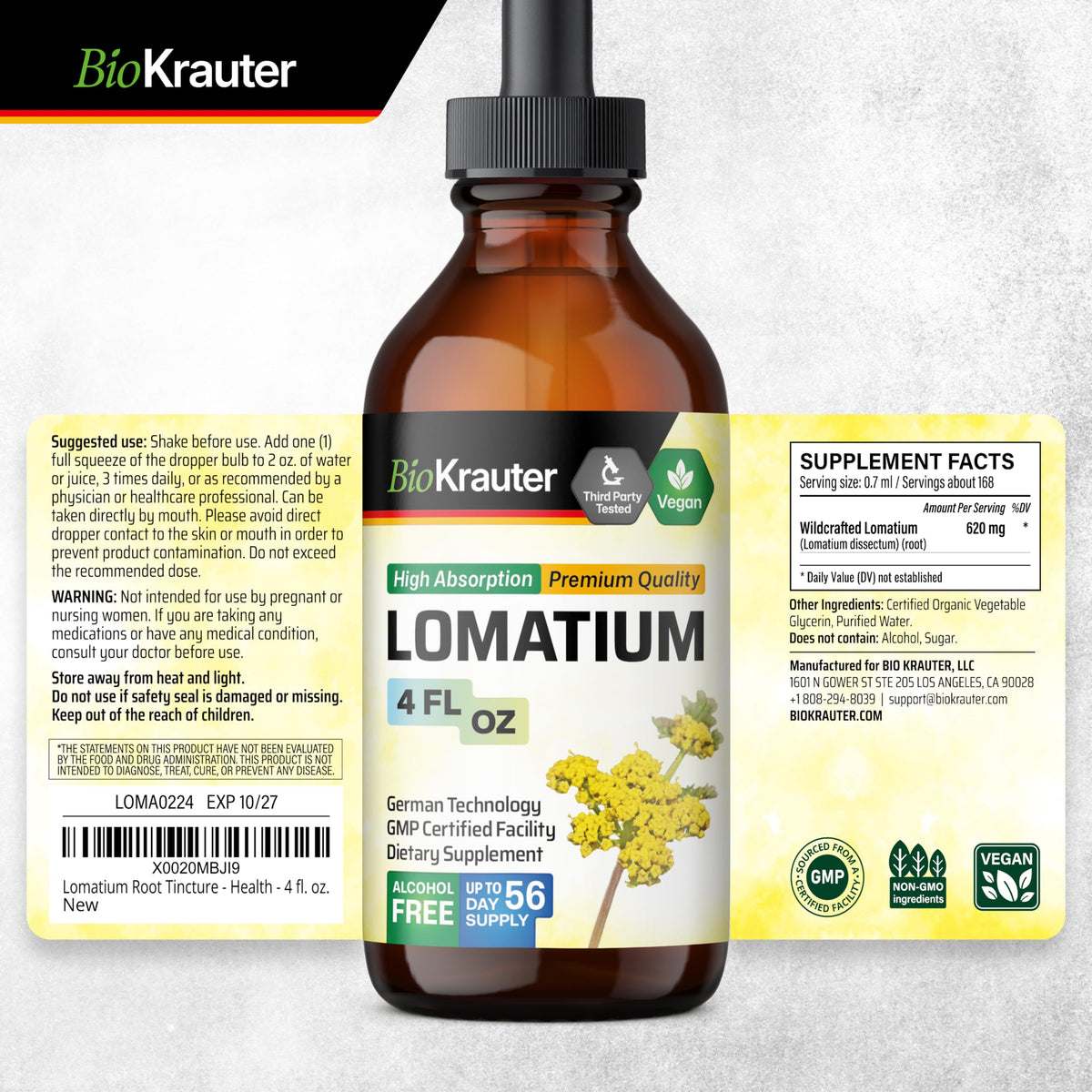 Flacon de teinture de Lomatium BIO KRAUTER sur un fond blanc