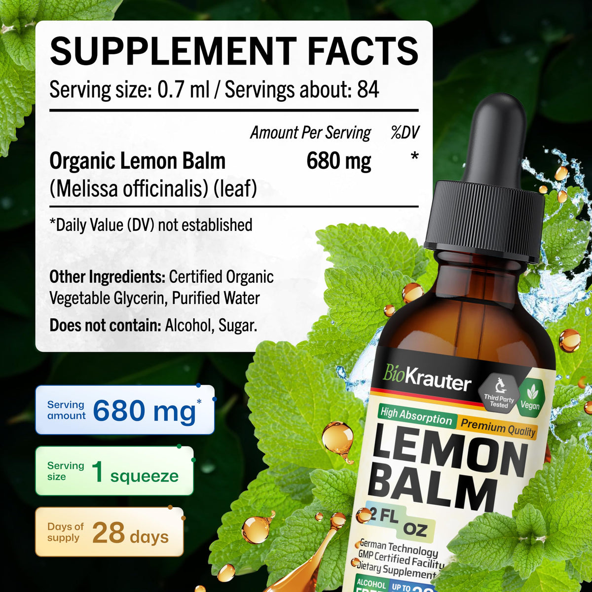 Flacon de teinture de mélisse BIO KRAUTER avec goutte à goutte