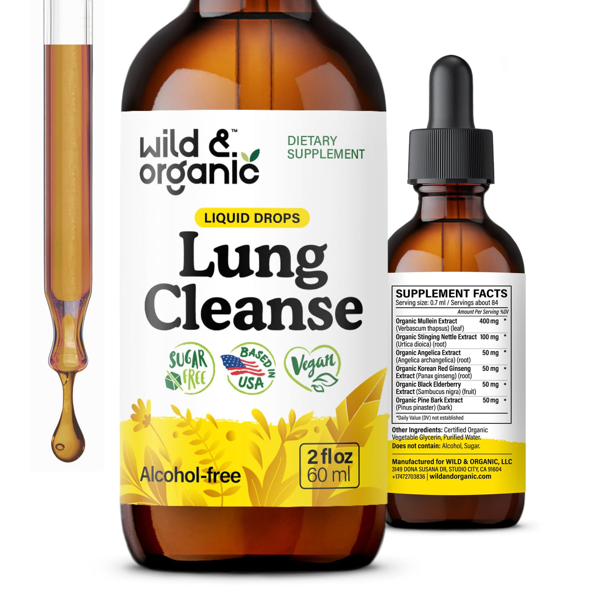 Flacon de teinture de Mullein Wild & Organic 2 oz avec étiquette