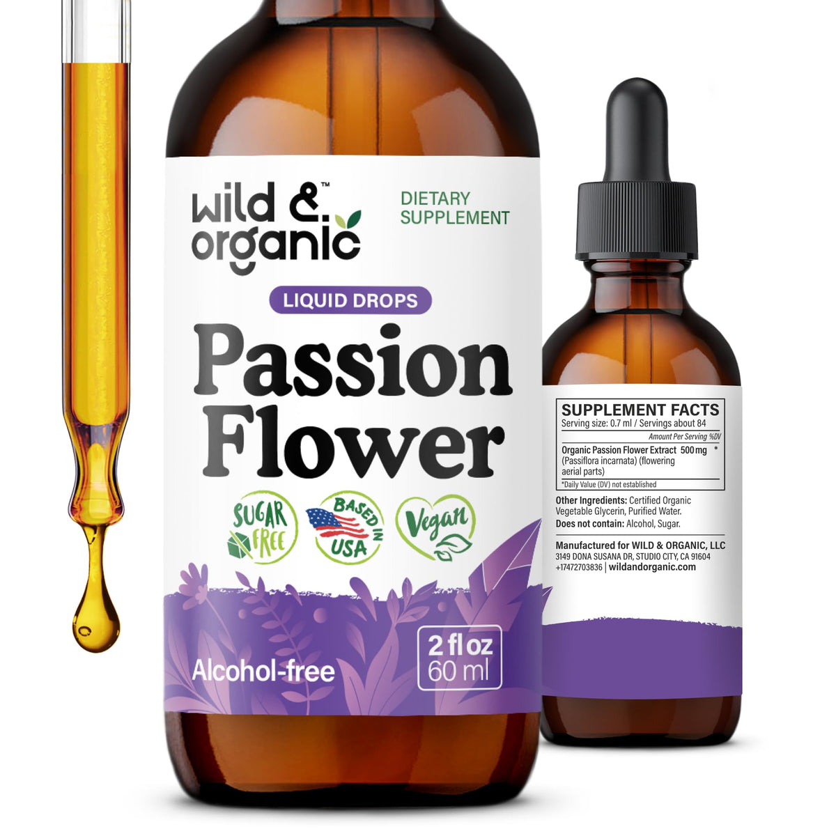 Flacon de teinture de passiflore Wild & Organic 500 mg, vue de face