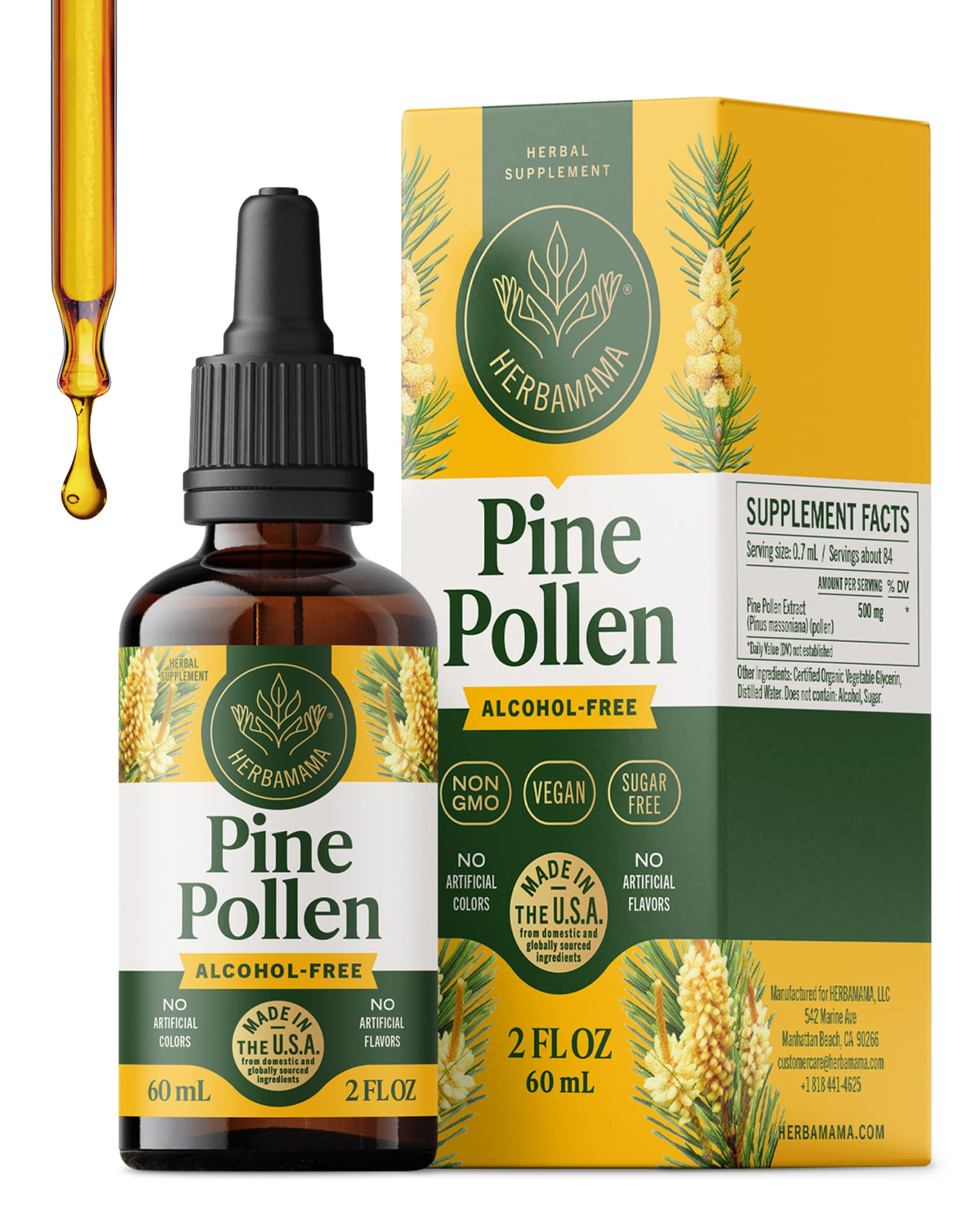 Flacon de teinture de pollen de pin HERBAMAMA 150g vue de face