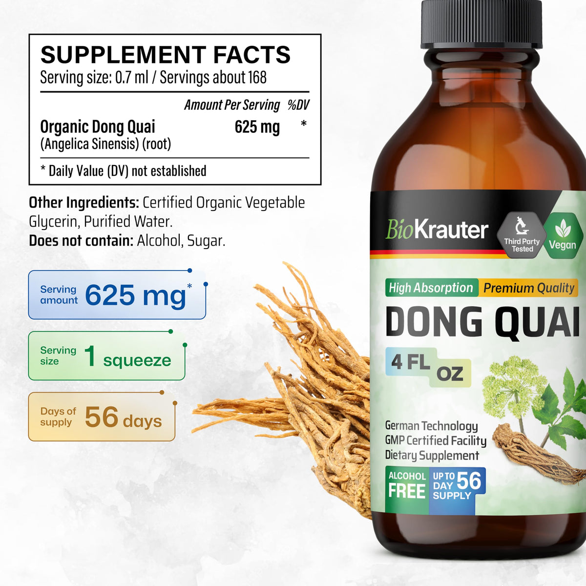 Flacon de teinture de racine de dong quai BIO KRAUTER avec goutte à goutte