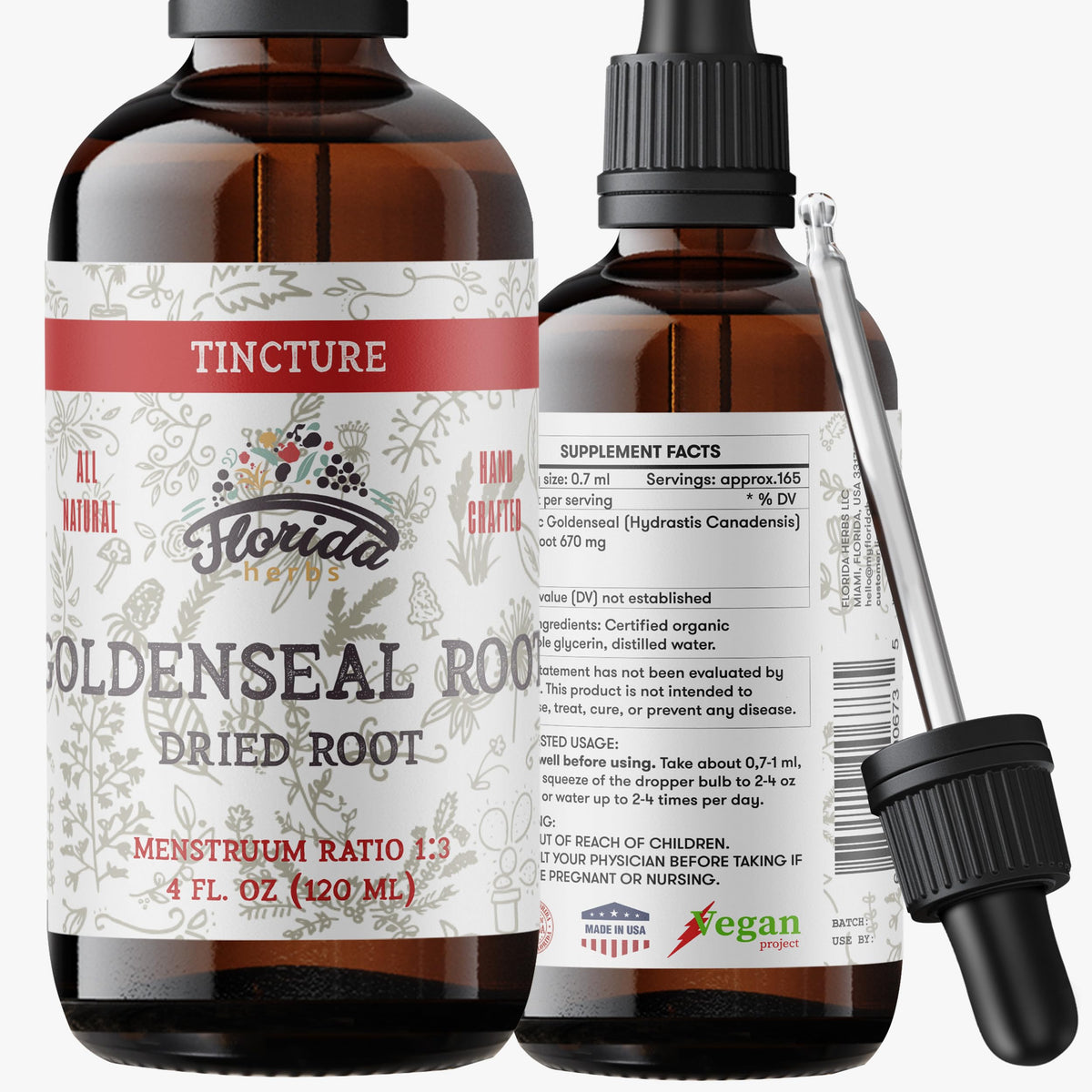 Flacon de teinture de racine de Goldenseal bio 4 oz de FLORIDA HERBS