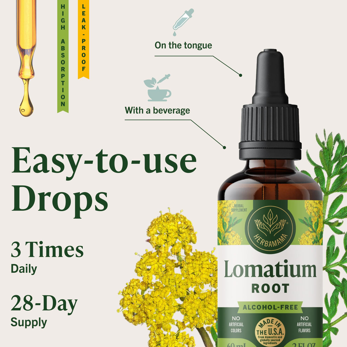 Flacon de teinture de racine de Lomatium HERBAMAMA avec une main tenant le compte-gouttes