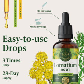 Flacon de teinture de racine de Lomatium HERBAMAMA avec une main tenant le compte-gouttes