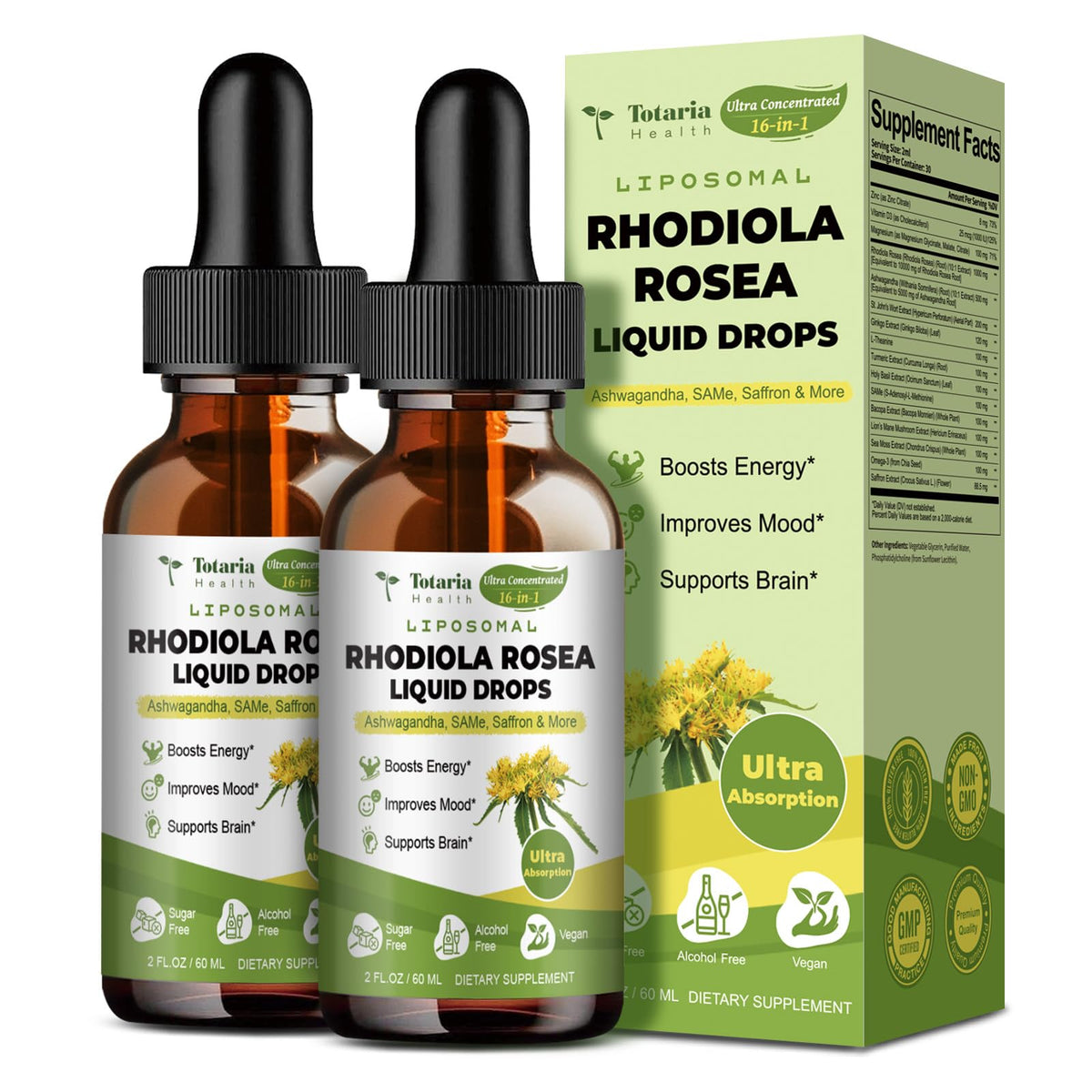 Flacon de teinture de Rhodiola Rosea de Totaria avec étiquette visible