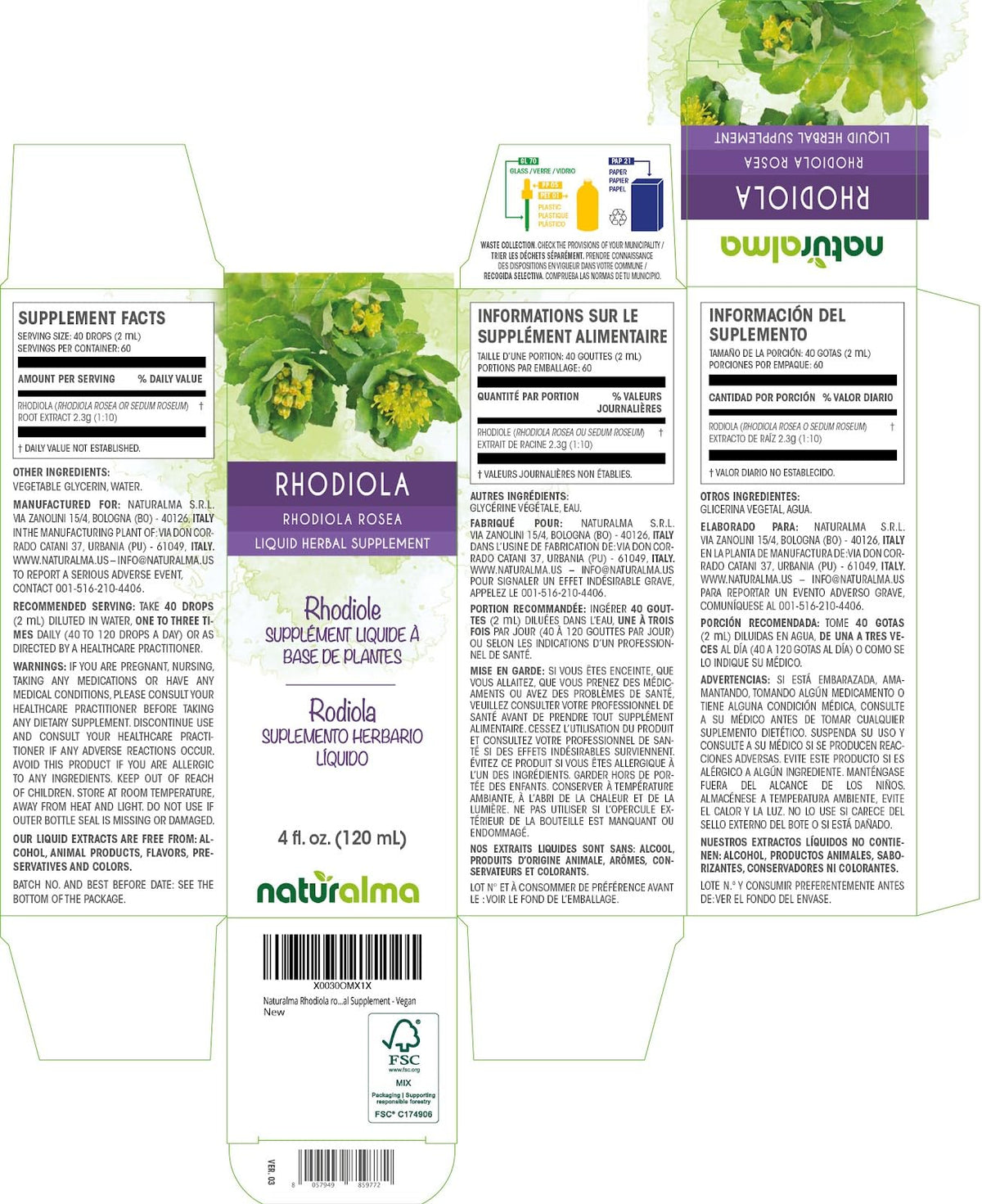 Flacon de teinture de Rhodiola rosea Naturalma avec goutte à goutte