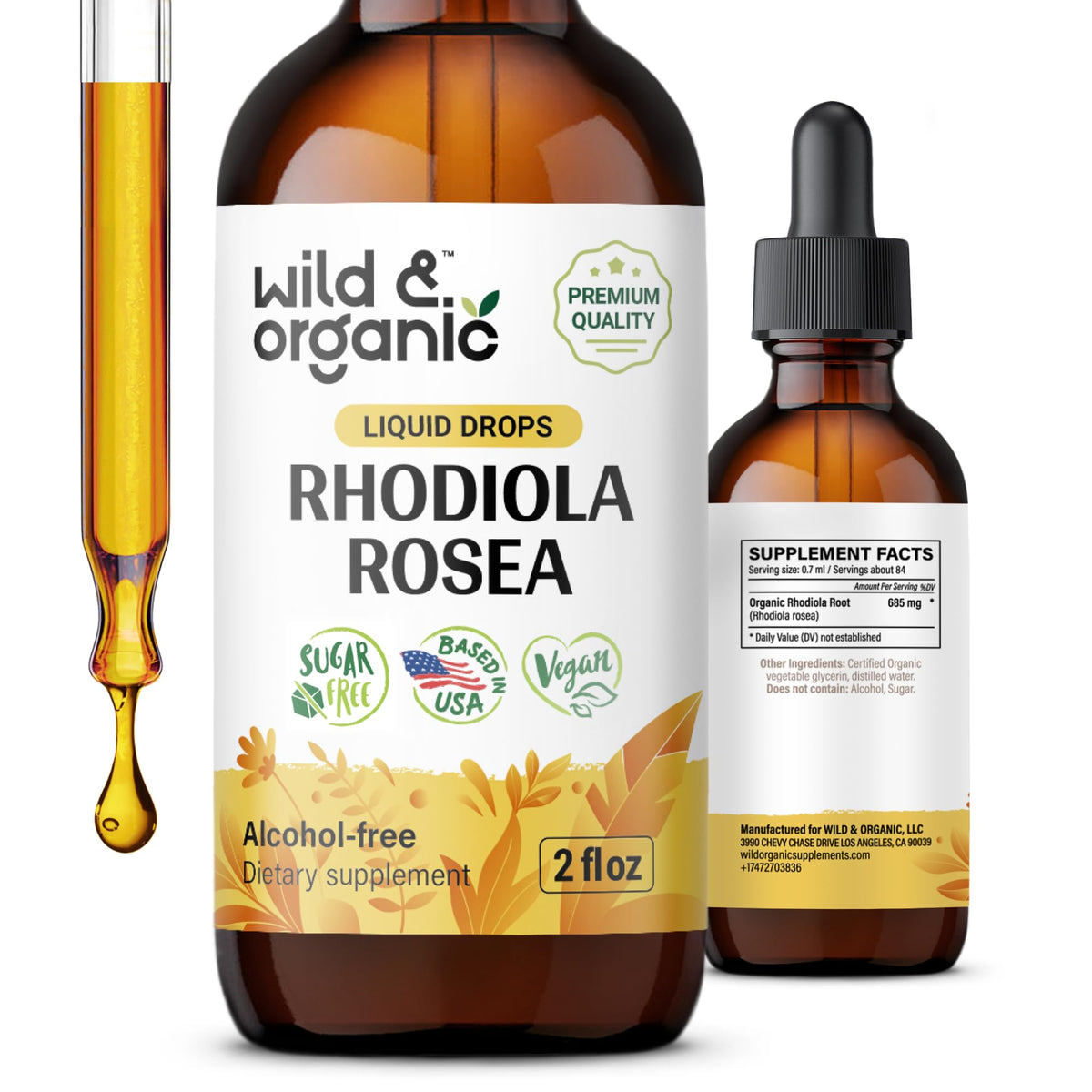 Flacon de teinture de rhodiola rosea Wild & Organic 2 oz vue de face