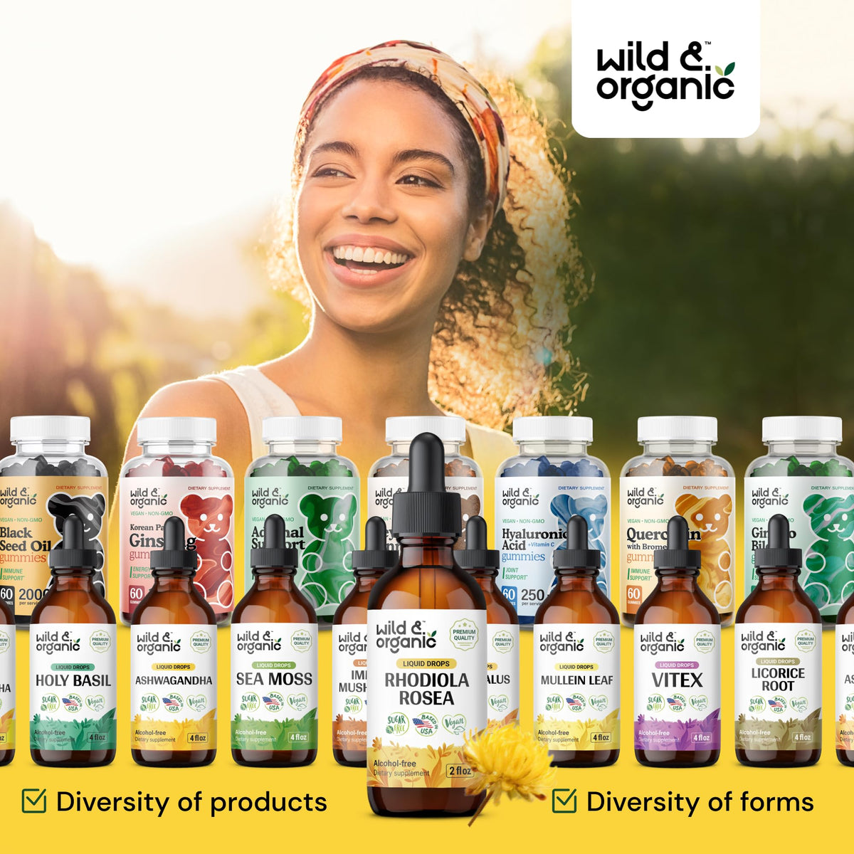 Flacon de teinture de rhodiola rosea Wild & Organic sur fond blanc