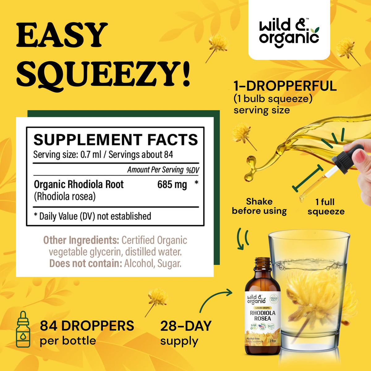 Flacon de teinture de rhodiola rosea Wild & Organic sur une table