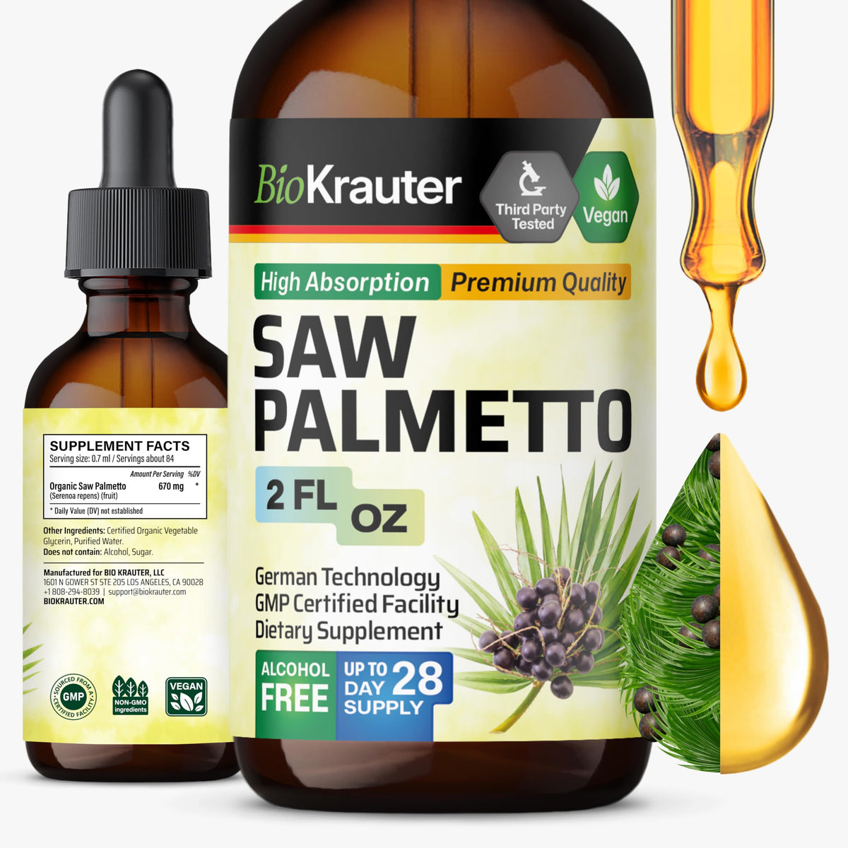 Flacon de teinture de Saw Palmetto BIO KRAUTER 2 fl oz vue de face