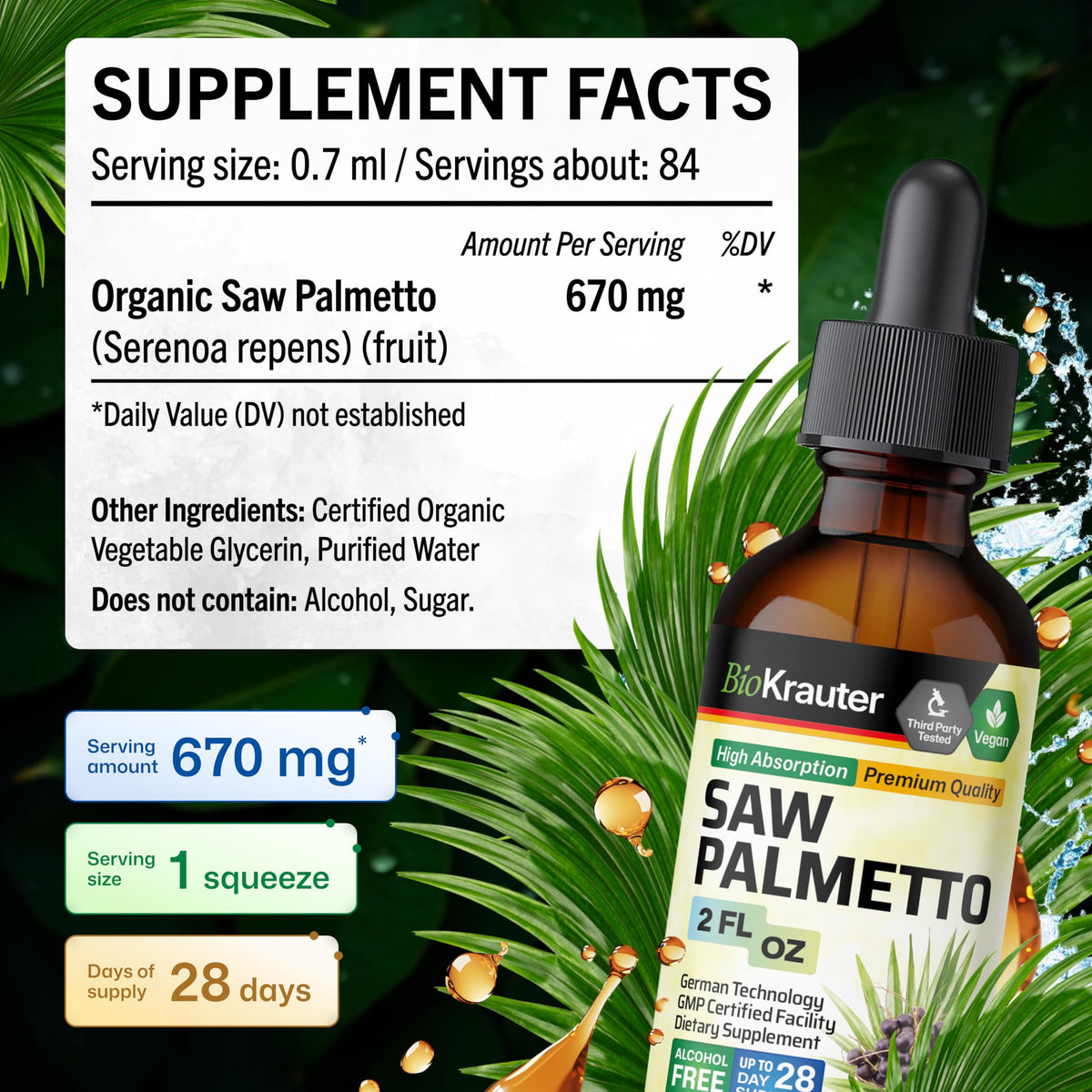 Flacon de teinture de Saw Palmetto BIO KRAUTER avec étiquette détaillant les ingrédients