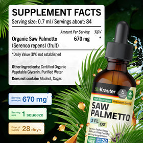 Flacon de teinture de Saw Palmetto BIO KRAUTER avec étiquette détaillant les ingrédients