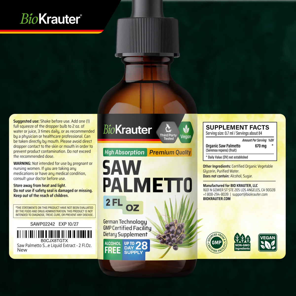 Flacon de teinture de Saw Palmetto BIO KRAUTER avec fruits en arrière-plan