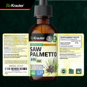 Flacon de teinture de Saw Palmetto BIO KRAUTER avec fruits en arrière-plan