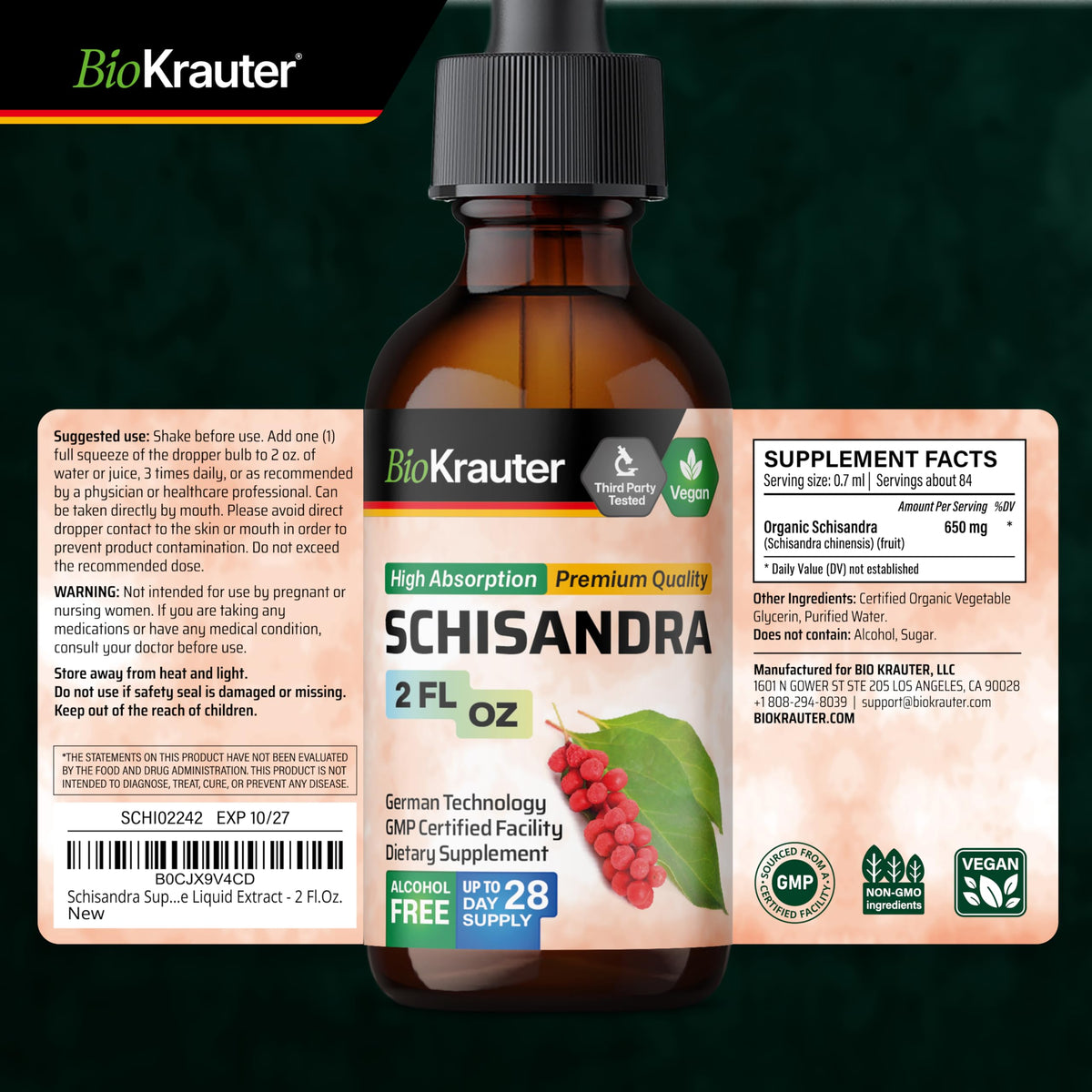 Flacon de teinture de Schisandra BIO KRAUTER avec doseuse