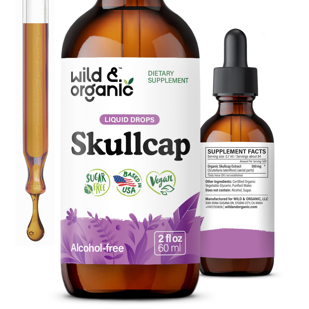Flacon de teinture de scutellaire Wild & Organic 60 ml vue de face
