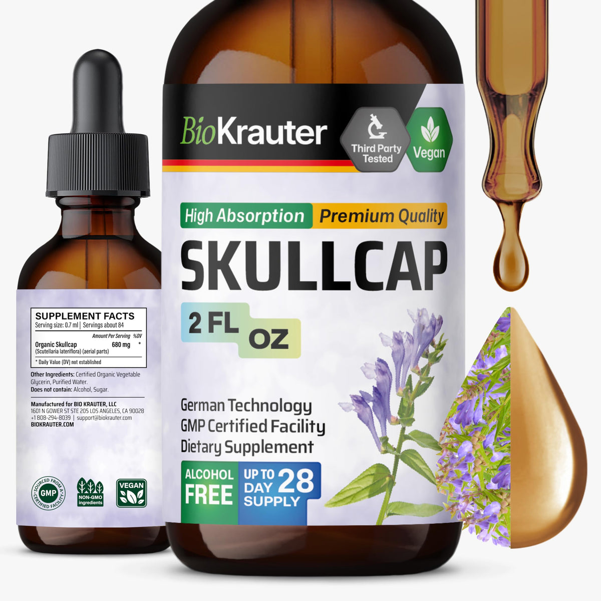 Flacon de teinture de skullcap BIO KRAUTER 2 fl oz vue de face