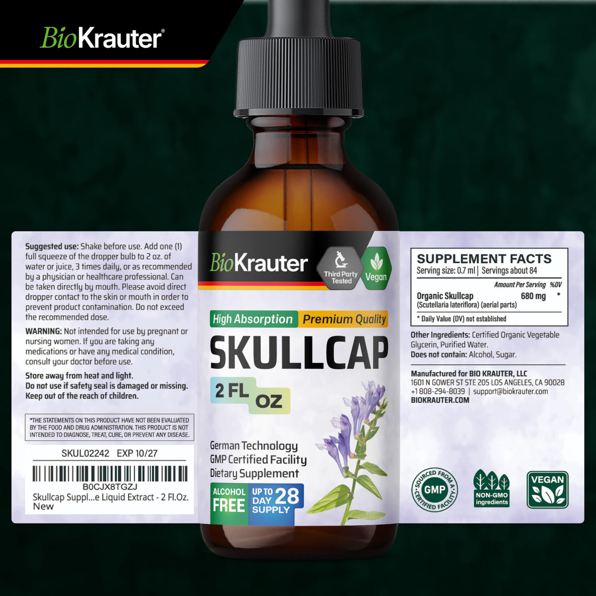 Flacon de teinture de skullcap BIO KRAUTER avec des herbes à côté