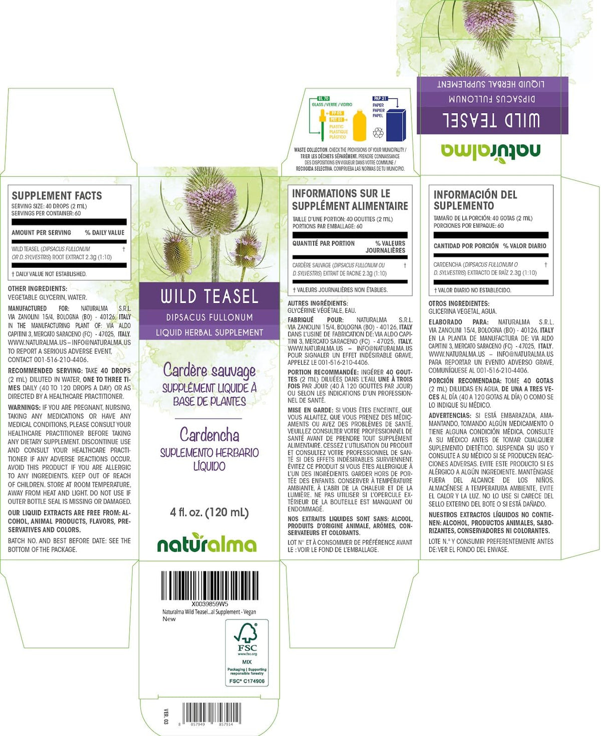 Flacon de Teinture de Teasel Sauvage Naturalma 4 fl oz avec étiquette