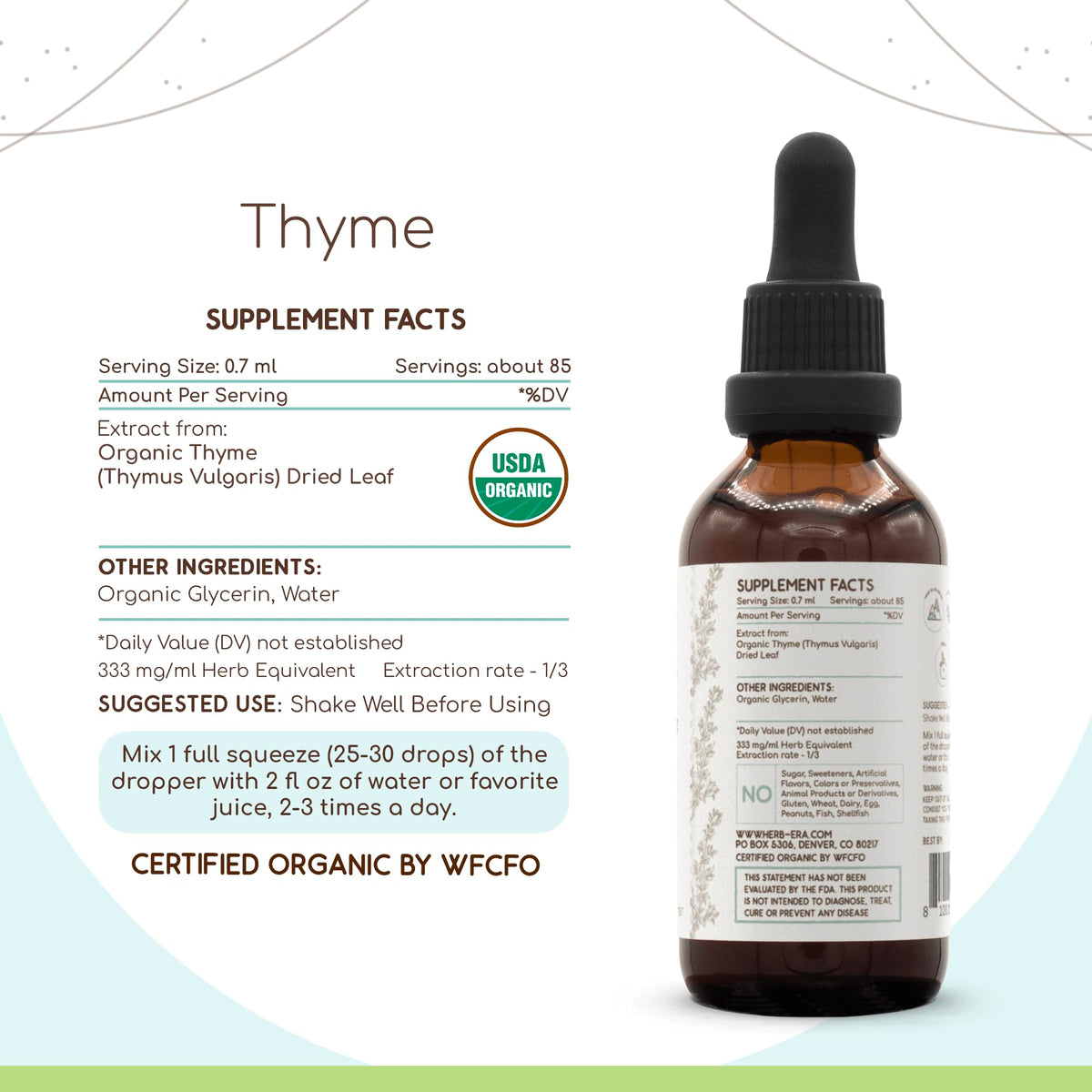 Flacon de teinture de thym bio HerbEra sur une surface en bois