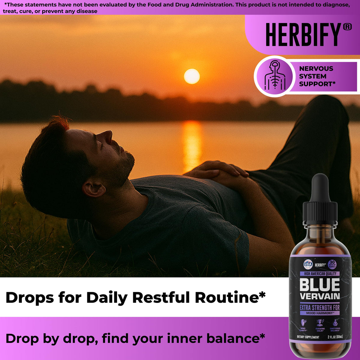 Flacon de teinture de verveine bleue HERBIFY sur une table en bois
