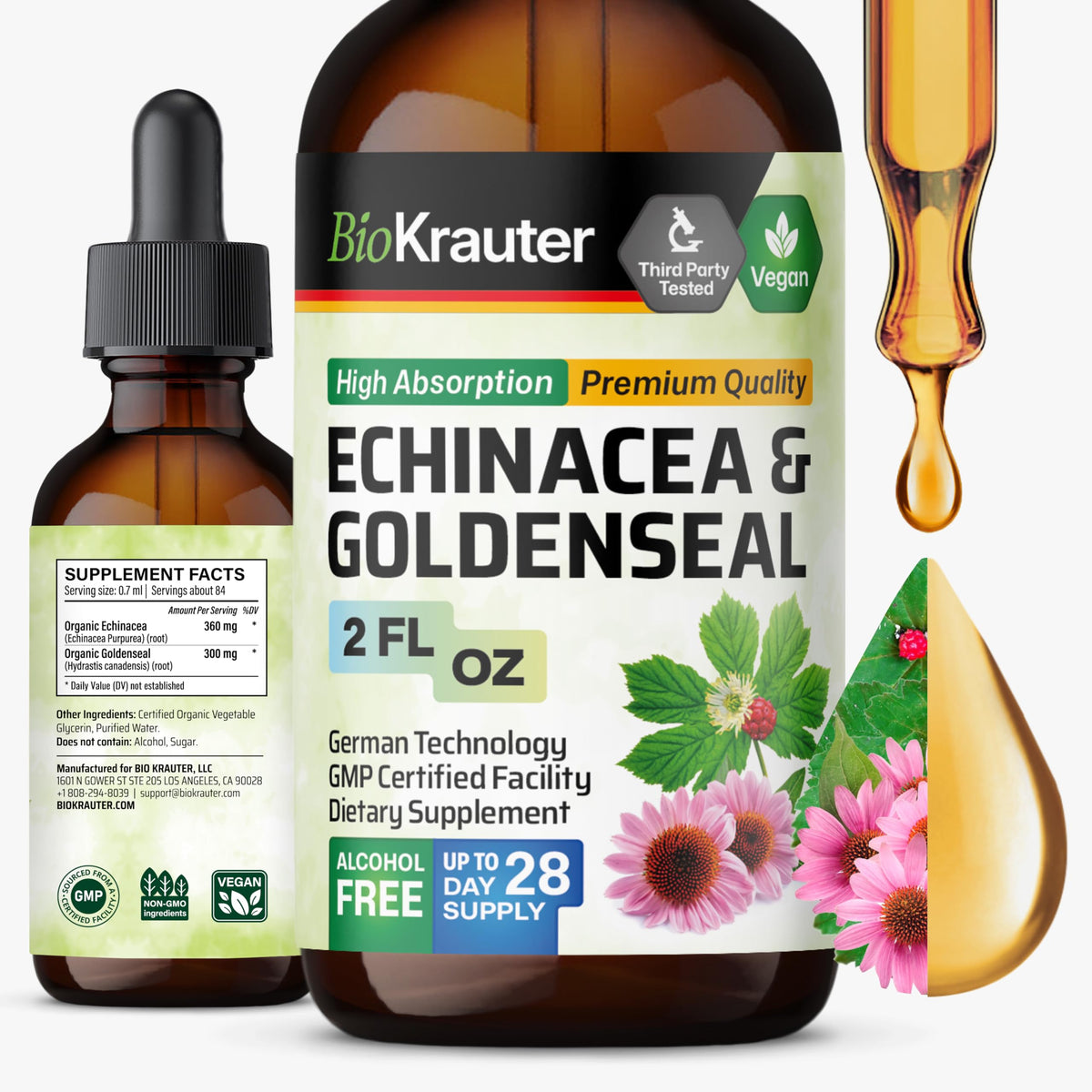 Flacon de teinture Echinacea Goldenseal BIO KRAUTER 2 fl oz