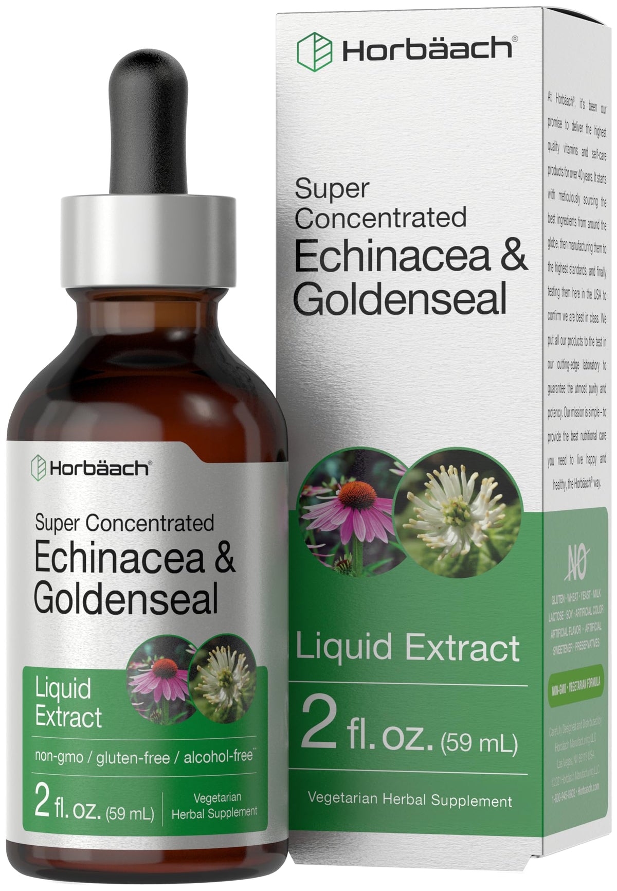 Flacon de teinture liquide Horbäach Echinacea Goldenseal 2 fl oz vue de face