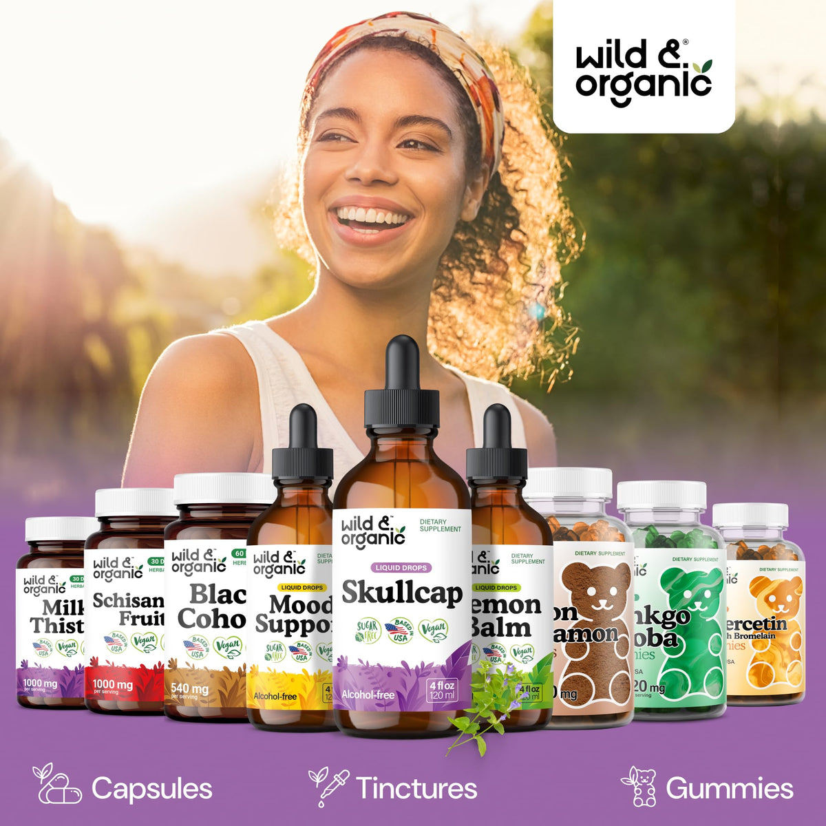 Flacon de teinture Wild & Organic sur une table en bois