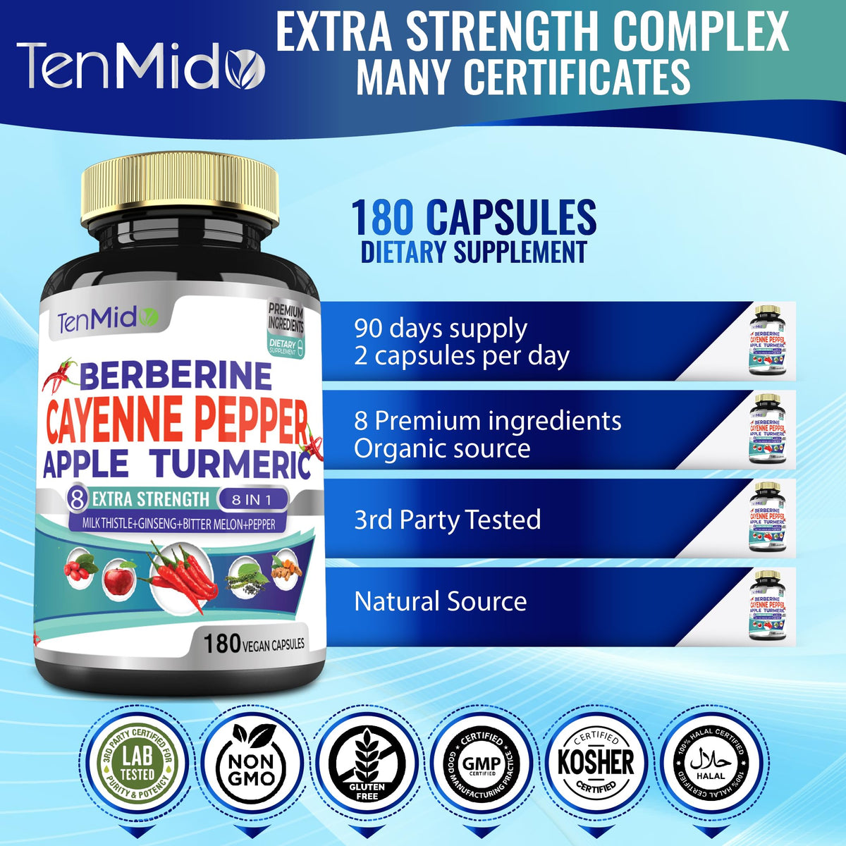 Flacon de Tenmido Cayenne avec 7 ingrédients visibles