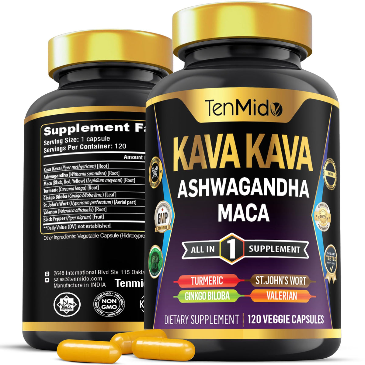Flacon de Tenmido Kava Kava 8 en 1 avec 120 capsules végétales