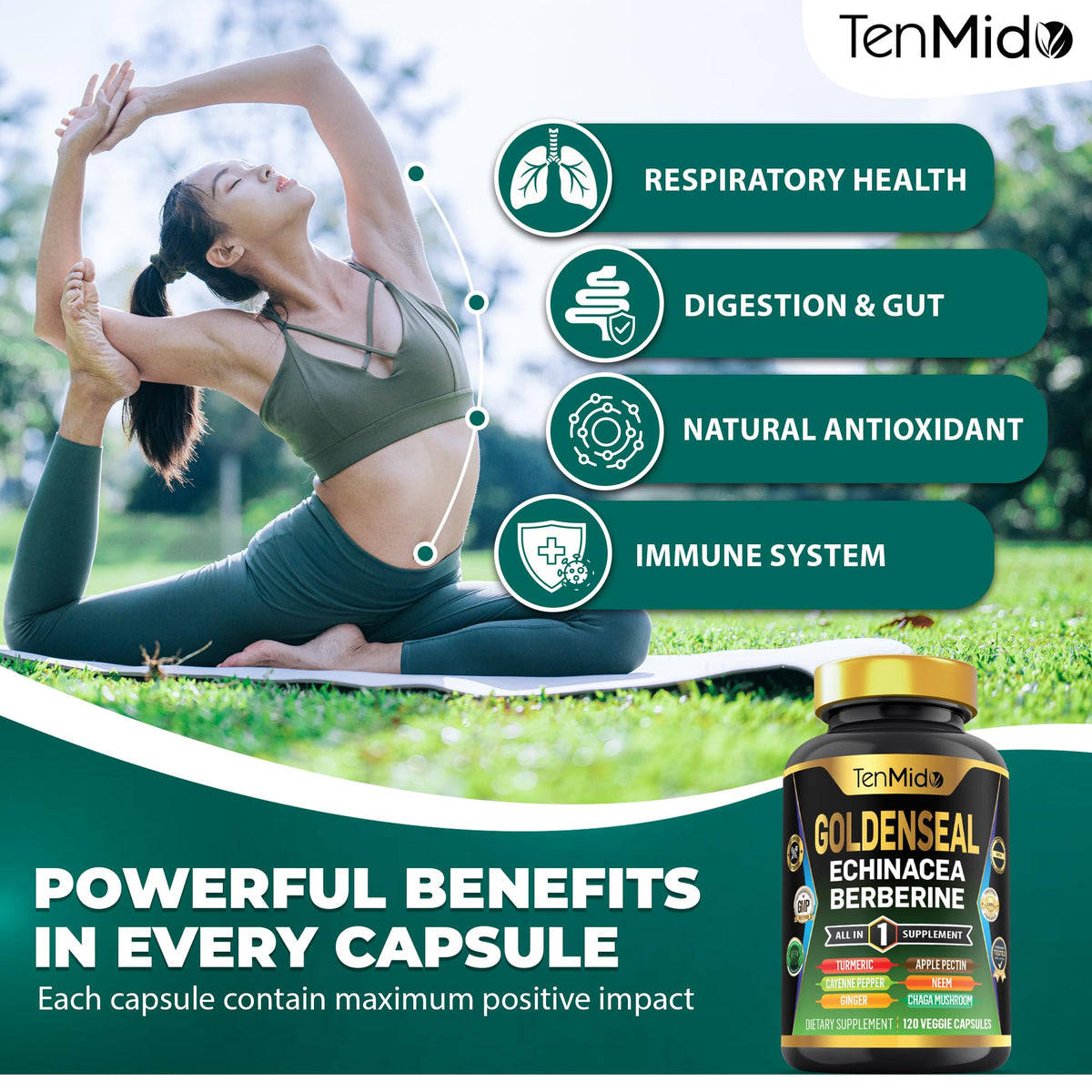 Flacon de Tenmido Racine de Goldenseal avec capsules à côté