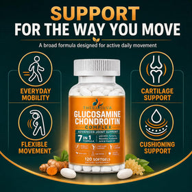 Flacon de TheraSuva Complex Glucosamine avec des ingrédients naturels en arrière-plan