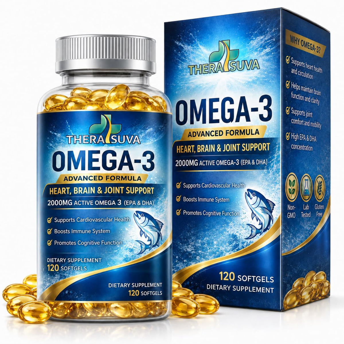 Flacon de TheraSuva Huile de Poisson Alaskienne 2000mg Omega-3