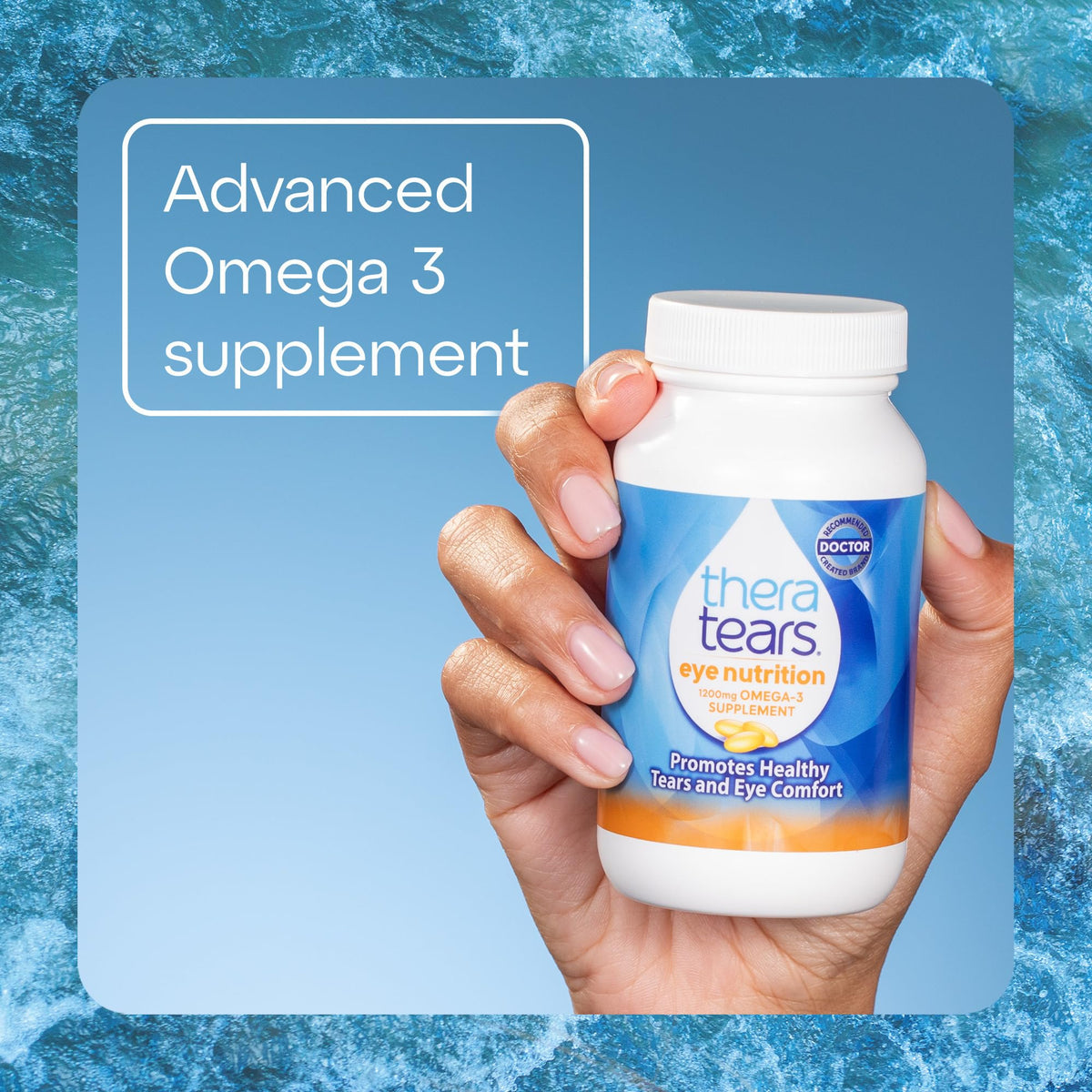 Flacon de TheraTears Omega 3 sur fond neutre