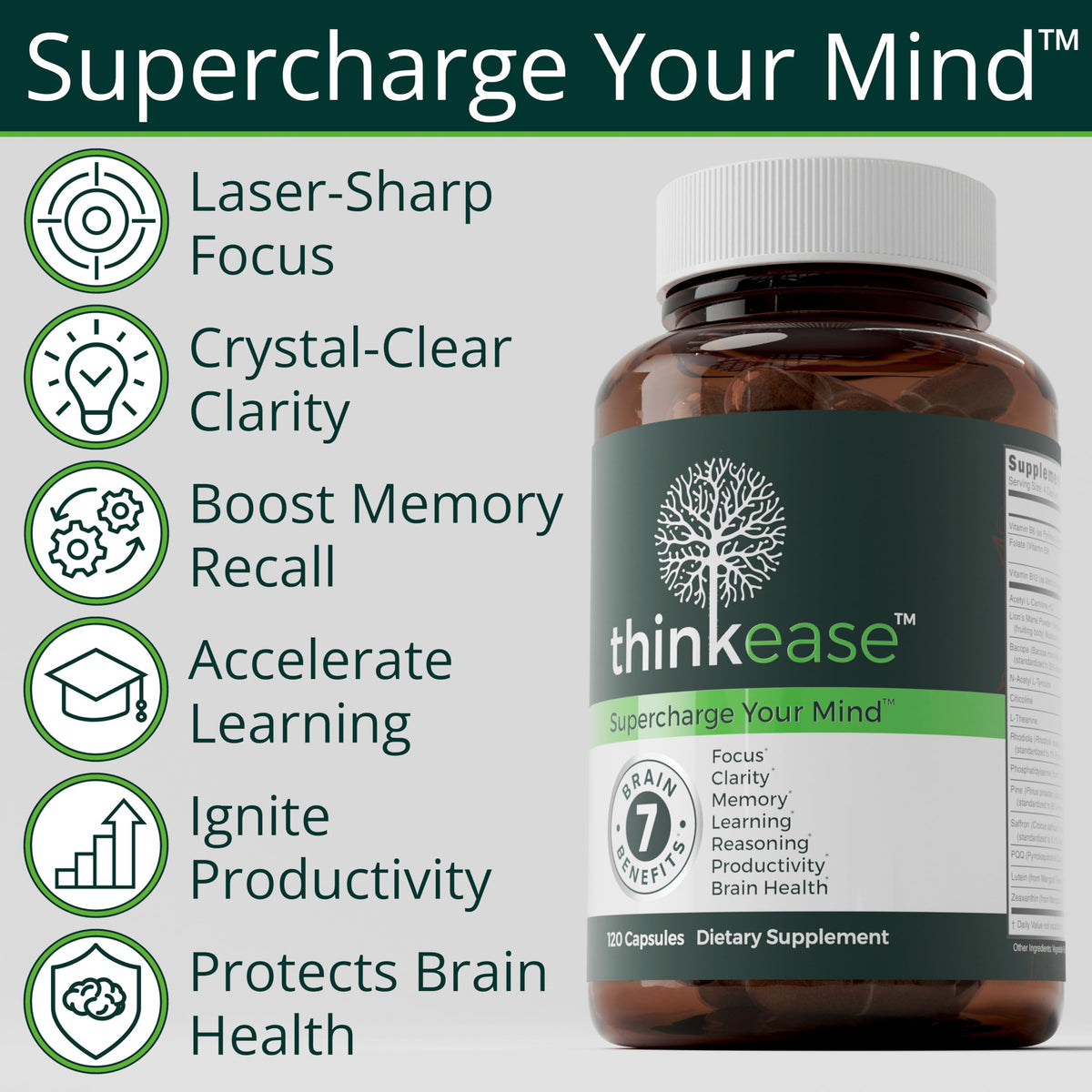 Flacon de ThinkEase Complément Alimentaire Cérébral avec étiquette
