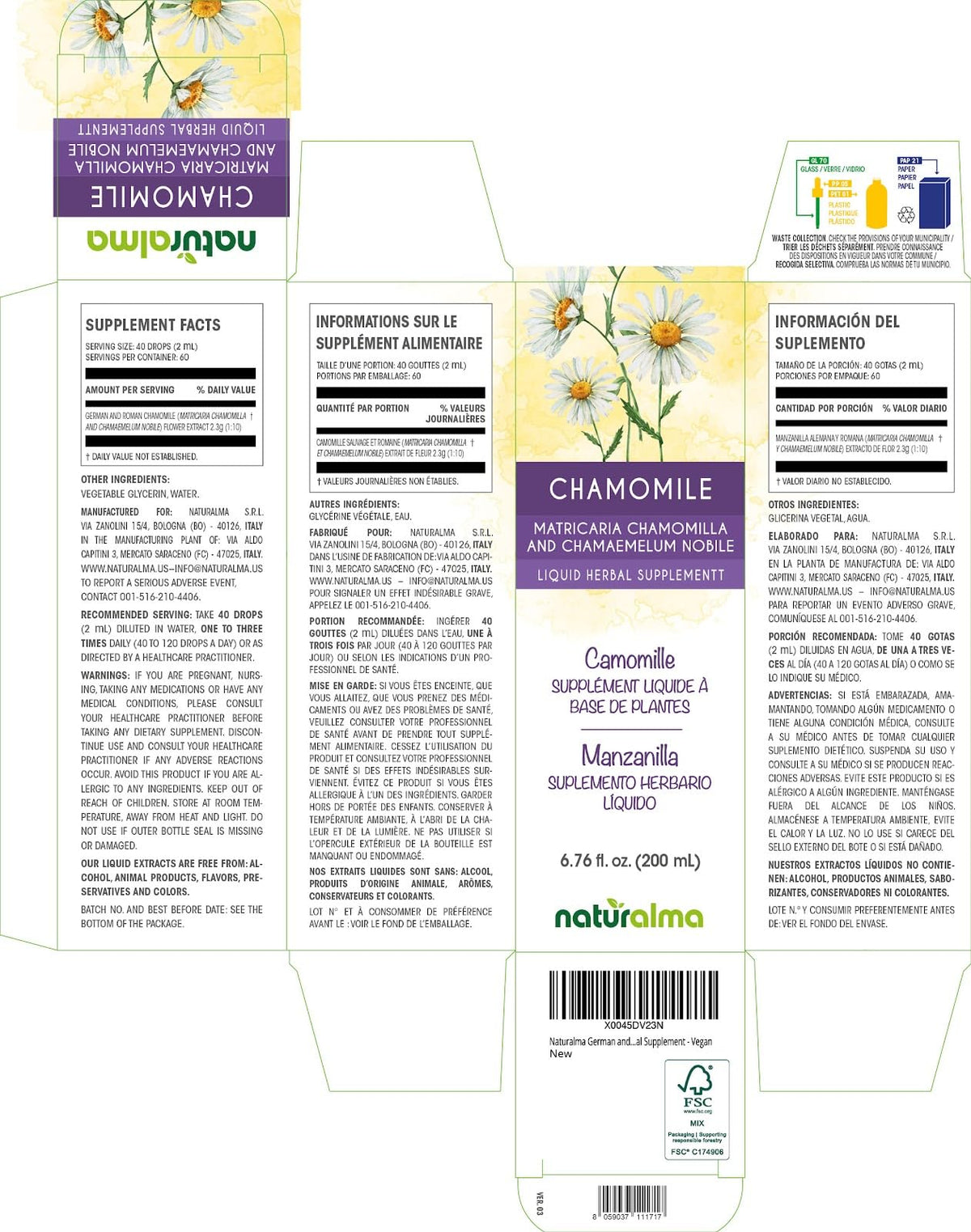 Flacon de Tincture de Camomille Naturalma avec goutte à goutte