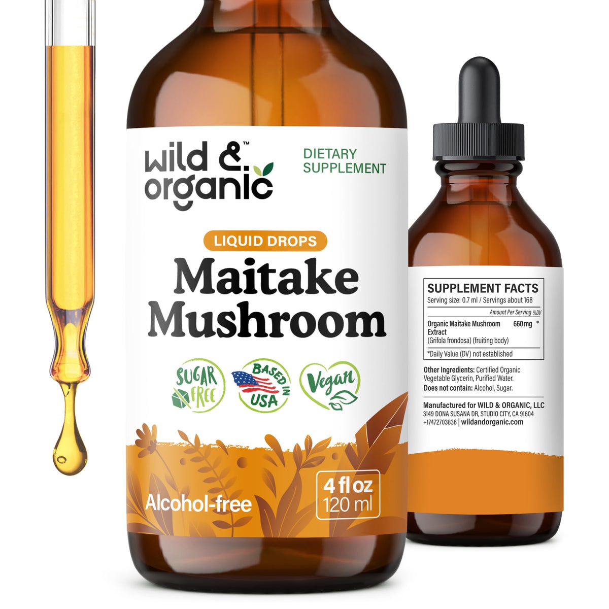 Flacon de tincture de champignon maitake Wild & Organic 4 oz